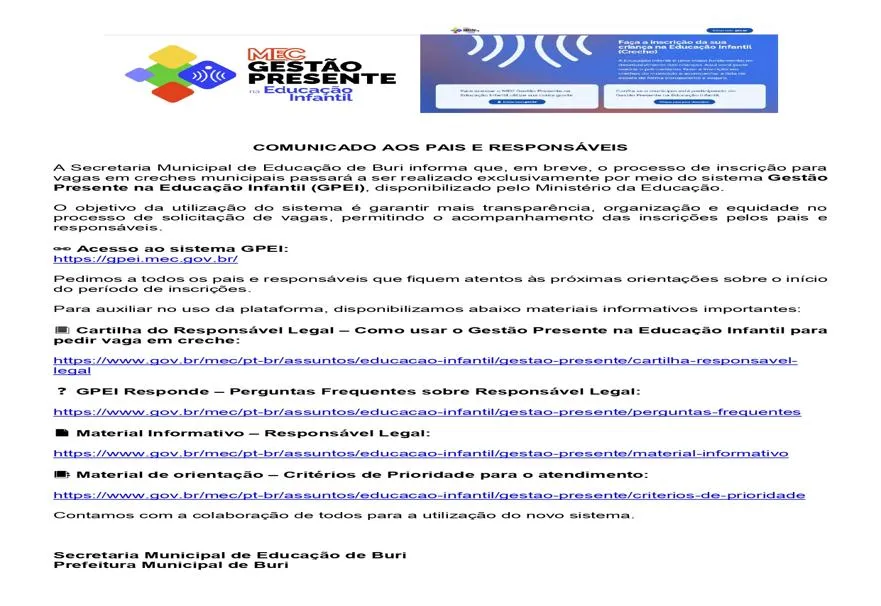 Inscrições para creches municipais de Buri passarão a ser feitas pelo sistema GPEI