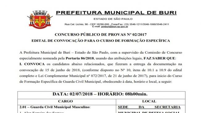 Concurso Público de Provas nº 2/2017 - Convocação para Curso de Formação Específica