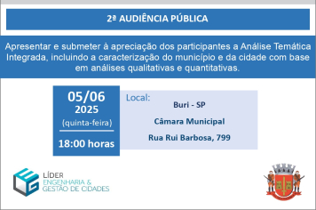2ª Audiência Pública do Plano Diretor Municipal de Buri será realizada dia 5 de junho